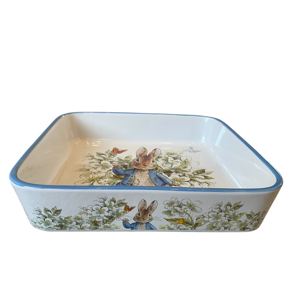 Beatrix Potter Peter Rabbit 9" Square Ceramic Baker Blue Rim Easter Bakeware NEW - Picture 12 of 13